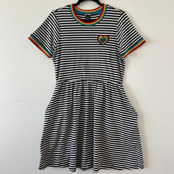 Hot Topic Striped Ringer Skater Mini Dress Sz Small Rainbow Heart Patch - Picture 2 of 10